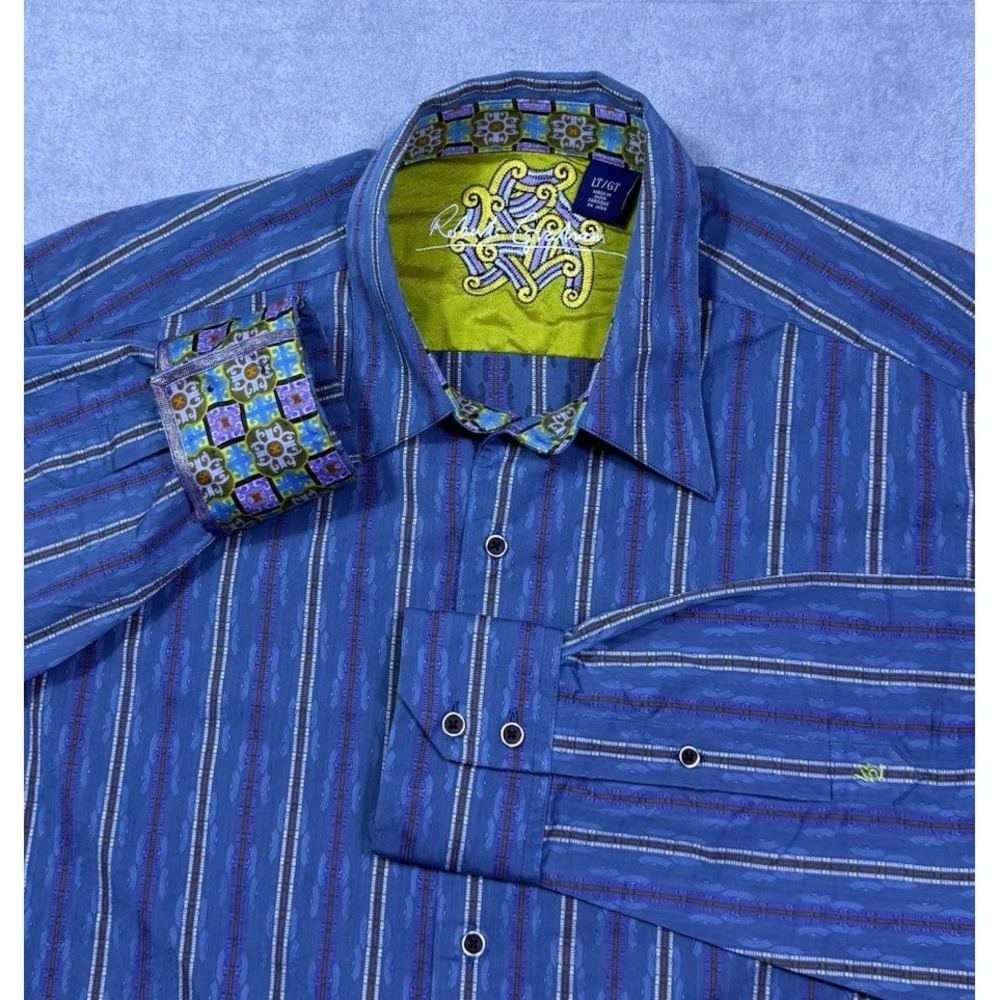 Robert Graham Shirt Mens LT Geometric Stripes Contrast Cuffs Silk Blend Luxury
